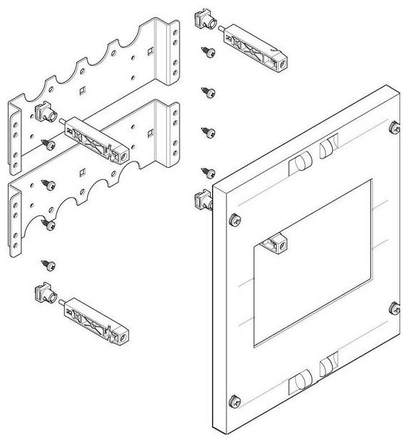 Explosionszeichnung zur Darstellung der Wandhalterung für einen Flachbildschirm, die Ausrichtung, Schrauben und Halterungsteile zeigt.