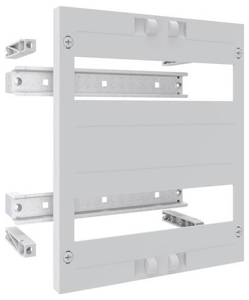 Ein Metallpanel mit zwei horizontalen Schienen, konzipiert zum Anbringen von elektrischen Komponenten, mit einem rechteckigen Rahmen und Schraublöchern.