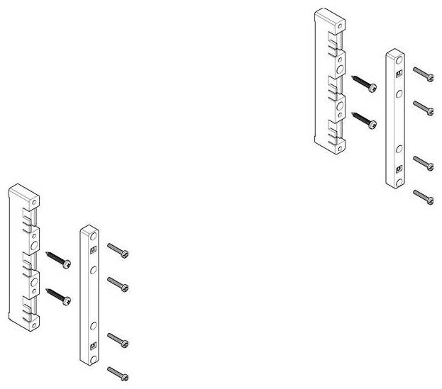 Diagramm von zwei Befestigungsklemmen, jeweils mit vier Schrauben, getrennt dargestellt. Veranschaulicht die Montageplatzierung für Wand- oder Strukturinstallation.