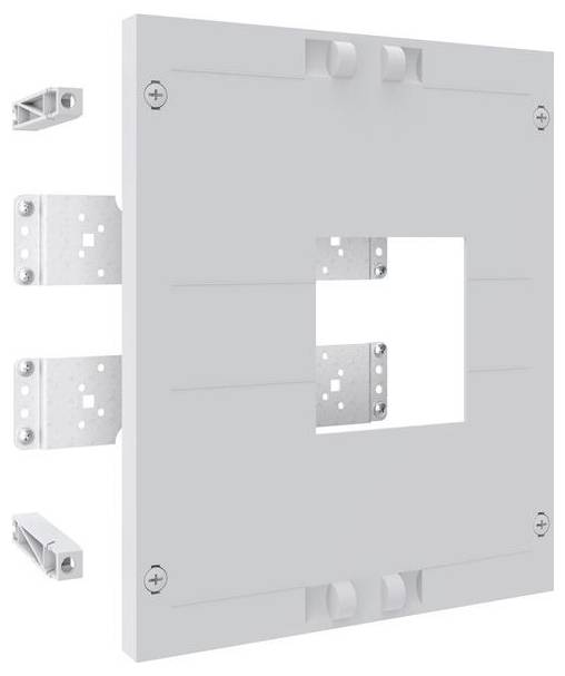 Befestigungshalterung mit Metallscharnieren und einer zentralen Aussparung, konzipiert für Wandmontage oder Rahmenbefestigung.