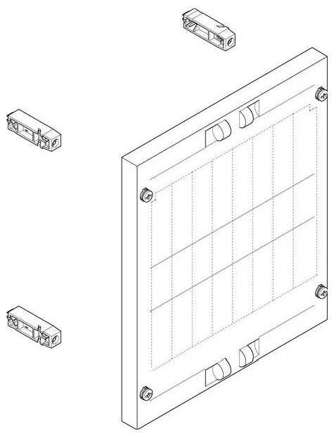 Isometrische Zeichnung eines LED-Panels mit vier separat dargestellten Befestigungsklammern. Das Panel hat ein Gitterlayout mit sichtbaren Schrauben an jeder Ecke.