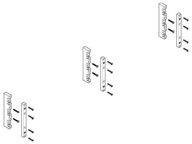 Drei identische Diagramme zeigen einen vertikalen Block mit vier Löchern, ausgerichtet mit vier Schrauben zur Einfügung.