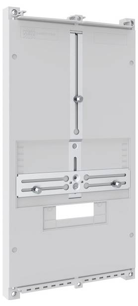 Metallmontagehalterung mit verstellbaren Halterungen und einer rechteckigen Aussparung in der Mitte, konzipiert für elektrische oder Netzwerkinstallationen.