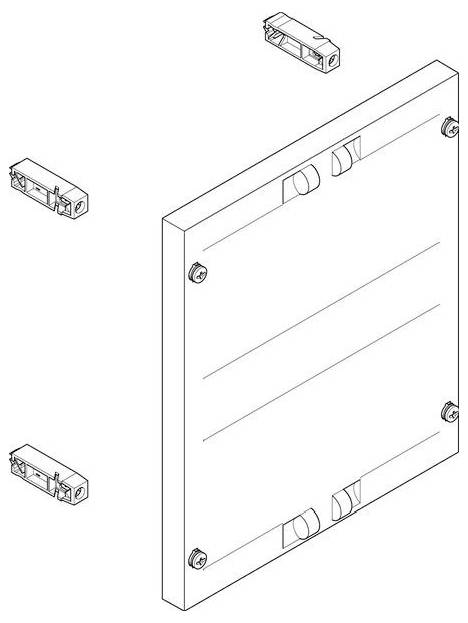 Diagramm, das die Rückansicht eines rechteckigen Panels mit vier abnehmbaren Halterungen an jeder Ecke zur Wandmontage zeigt.