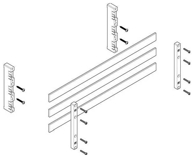 Eine Montageskizze, die drei horizontale Balken, zwei vertikale Halterungen und Schrauben zeigt, die die Verbindung der Komponenten veranschaulicht.