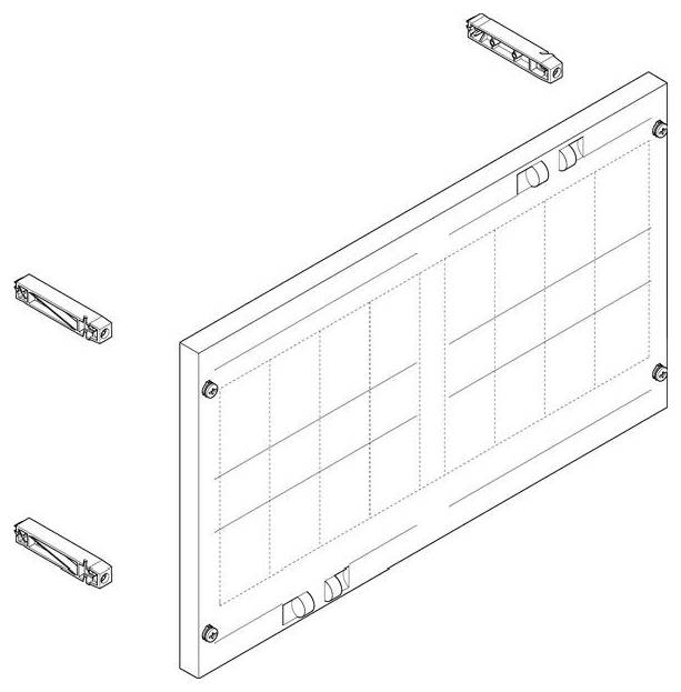 Diagramm eines rechteckigen Gitterfeldblechs mit kleinen Halterungen an jeder Ecke und entlang der Kanten, die Montagepunkte anzeigen.