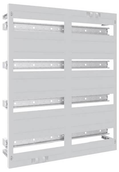 Ein Metallrahmenaufbau mit mehreren horizontalen Reihen und Öffnungen, möglicherweise Teil einer elektrischen Tafel oder eines Montagebügels.
