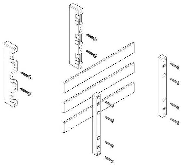 Explosionszeichnung einer Baugruppe mit vertikalen und horizontalen Komponenten, Schrauben und Darstellung des Ausrichtungs- und Verbindungsprozesses.