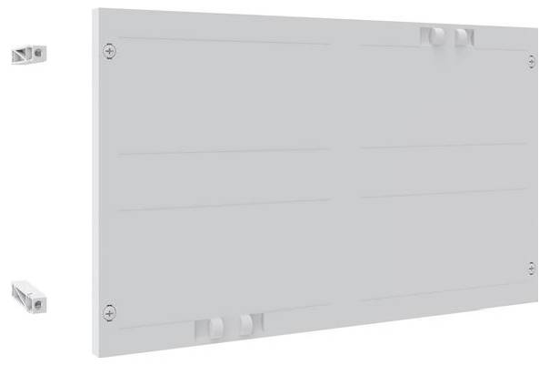 Ein rechteckiges, flaches, weißes Heizkörperpanel mit vier Eckschrauben, an der Wand montiert mit zwei kleinen, separaten Halterungen.