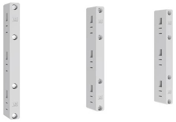 Drei vertikale weiße rechteckige elektrische Komponenten, gekennzeichnet mit L1, L2, L3, jeweils mit Schrauben und Anzeigen, nebeneinander vor einem einfarbigen Hintergrund ausgerichtet.