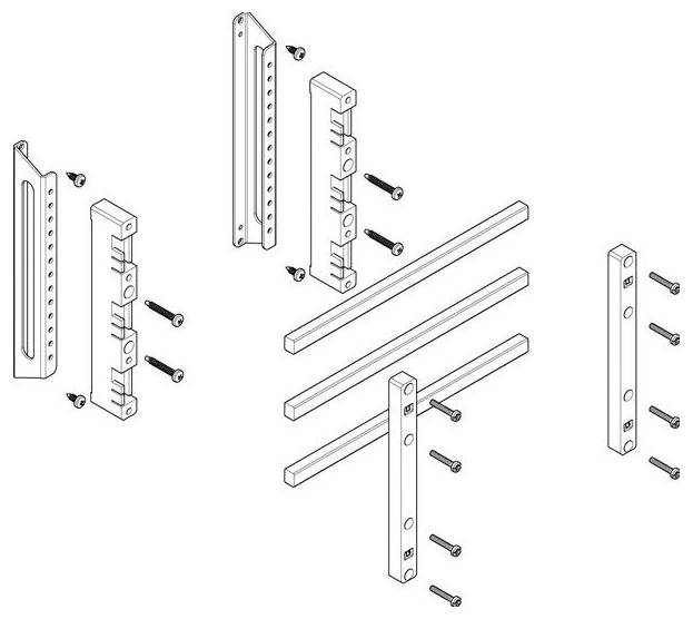Explosionszeichnung, die die Montage eines Brackets mit mehreren Komponenten zeigt, einschließlich Schrauben, Seitenplatten und Stangen, die Verbindungspunkte kennzeichnet.