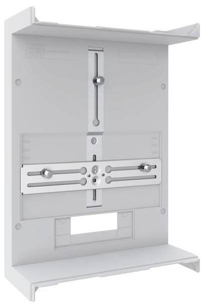 Eine weiße, verstellbare Montageklammer mit Gleitschienen und Knöpfen, entwickelt für die sichere Installation von elektronischen Geräten oder Paneelen.