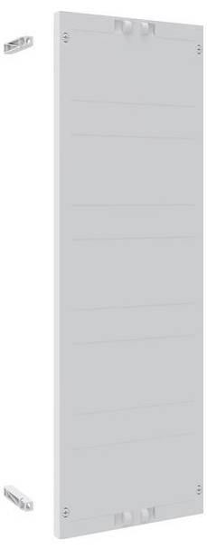Eine hellgraue vertikale Elektrotafelabdeckung mit glatter Oberfläche und Befestigungsbügeln an beiden Enden.