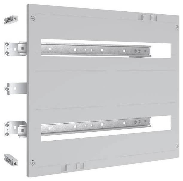 Metallische Montageplatte mit zwei horizontalen Schienen, verwendet für elektrische Installationen, mit Halterungen an beiden Seiten für sichere Befestigung.