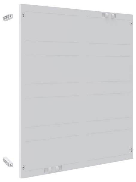 Ein grauer Kunststoffpaneel mit Linien und kleinen Befestigungsklammern an den Ecken, der zum Installieren oder Sichern von elektronischen Geräten verwendet wird.