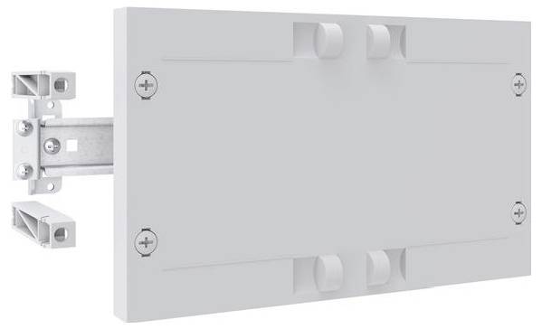 Ein rechteckiges weißes Montageplattenboard mit vier kreisförmigen Griffen und Metallhalterung an der Seite, entwickelt für eine sichere Wandinstallation.