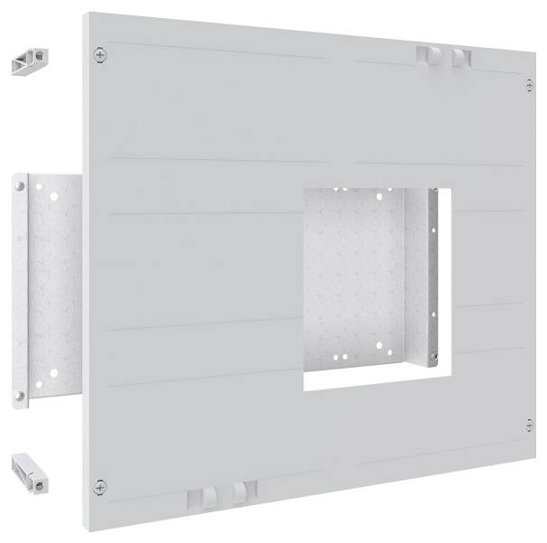 Ein rechteckiges weißes Montagepanel mit einem zentralen Ausschnitt, konzipiert zum Befestigen oder Einbetten von Geräten, mit Schraublöchern an den Ecken.