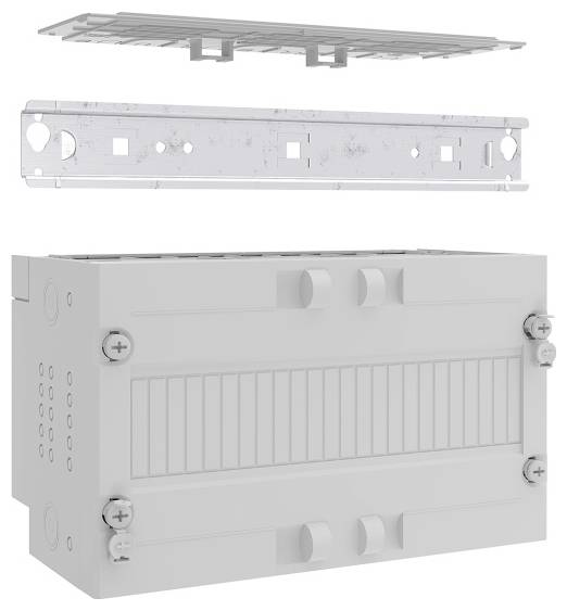 Explosionszeichnung eines modularen elektrischen Gehäuses mit Abdeckung, Montageplatte und Basiseinheit mit Ausbruchöffnungen für Kabeleinführung.