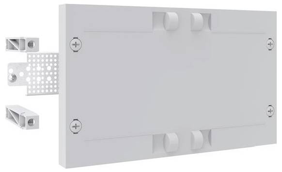 Eine rechteckige, graue Halterung mit Schrauben und Befestigungslöchern; entwickelt für die Hardware-Installation auf Oberflächen mit verstellbaren Eigenschaften.