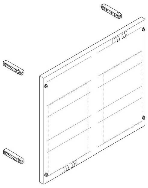 Diagramm, das eine Platte mit vier Befestigungsklammern zeigt, die vorschlägt, wie die Platte sicher auf einer Oberfläche befestigt werden kann.