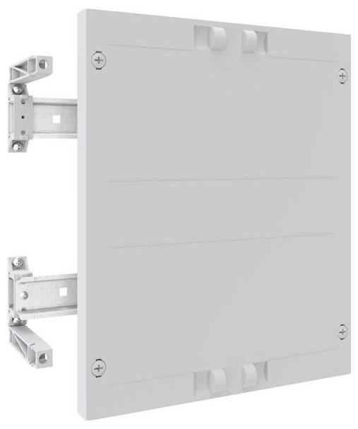 Eine quadratische Metalltür mit glatter Oberfläche, die für die Wandmontage konzipiert ist, verfügt über ein verstellbares Scharnarsystem und vier Befestigungsschrauben an den Ecken.