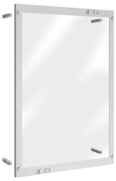 Rechteckiger Spiegel aus Glas mit weißem Rahmen, versehen mit vier Befestigungshalterungen an jeder Seite zur Installation.