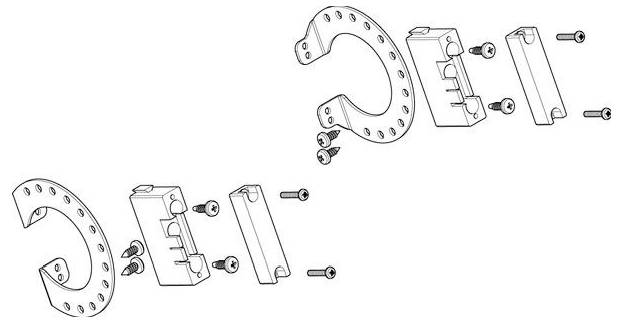 Explosionszeichnung zur Darstellung der Montage zweier identischer mechanischer Teile mit Halterungen, Schrauben und Paneelen. Die Teile sind in einer sequenziellen Anordnung beschriftet.