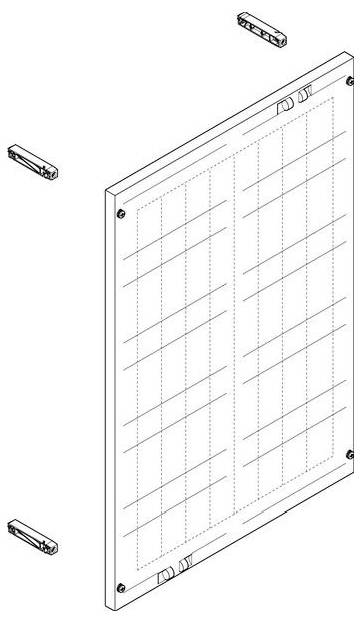 Explosionszeichnung einer Solarmodul-Baugruppe, die einzelne Komponenten wie Befestigungsbügel und Rahmen mit angeordneten Solarzellen zeigt.