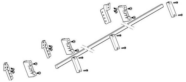 Explosionszeichnung einer Metallbaugruppe mit Halterungen, Schrauben und Stangen, die Ausrichtungs- und Verbindungspunkte für die Montage zeigt.
