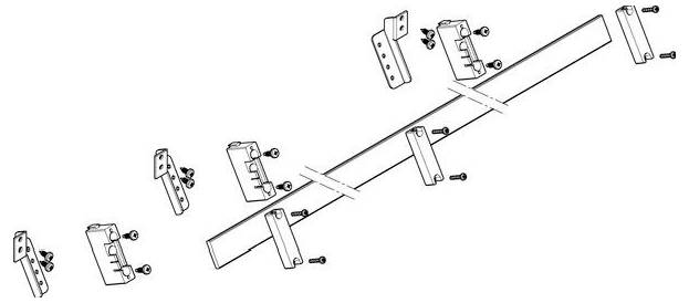 Diagramm zur Veranschaulichung der Montage einer Schiene mit mehreren Halterungen, Schrauben und Befestigungselementen an verschiedenen Verbindungspunkten entlang der Schiene.