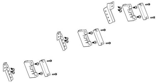 Explosionszeichnung einer Hardware-Baugruppe mit Schrauben und Halterungen, die in der Reihenfolge des Zusammenbaus angeordnet sind.