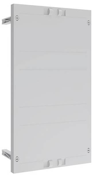 Ein rechteckiges, flaches, graues Metallpanel mit glatter Oberfläche und vier Befestigungsschrauben in den Ecken. Es scheint eine Abdeckung für eine elektrische Komponente oder einen Zugangspunkt zu sein.