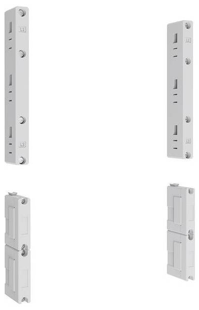 Bild zeigt vier Halterungen mit Rillen und Schrauben, die zum Verbinden oder Befestigen konzipiert sind. Zwei befinden sich in vertikaler und zwei in horizontaler Position.