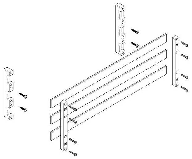 Montagediagramm: drei horizontale Stangen mit Endhalterungen, sechs Schrauben. Schrauben durch die Halterungslöcher führen, um die Stangen zu befestigen.