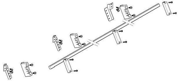 Darstellung einer Stabmontage mit Halterungen und Schrauben. Jede Halterung wird an verschiedenen Stellen des Stabes mit Schrauben befestigt.