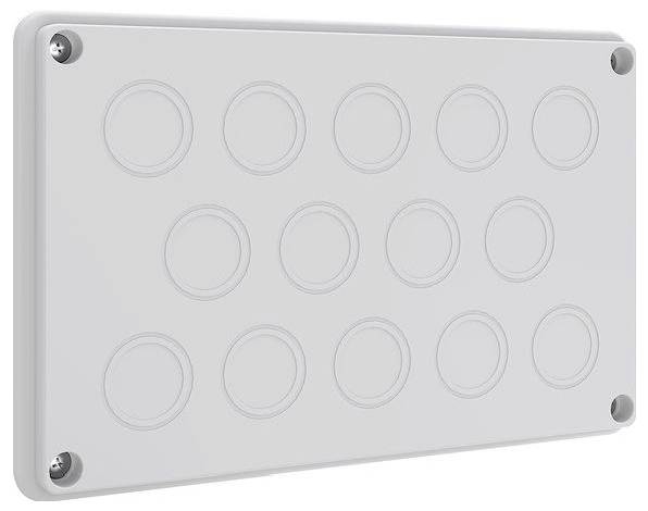 Ein rechteckiges graues Panel mit vier Schrauben an den Ecken und einem Raster aus zwölf kreisförmigen Vertiefungen wird gezeigt.