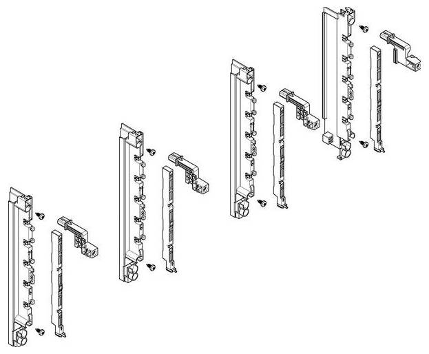 Diagramm, das eine Explosionsansicht eines Montageprozesses für eine mehrteilige mechanische Struktur zeigt, wobei die Komponenten sequenziell ausgerichtet sind.
