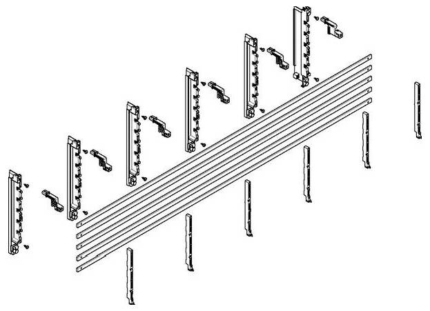 Explosionszeichnung der Montage mit vertikalen und horizontalen Latten, Halterungen und Verbindern, die die Positionierung und Ausrichtung für den Aufbau anzeigen.