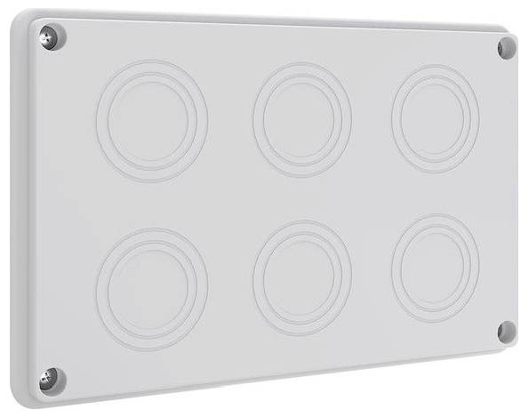 Eine rechteckige graue Gehäusebox mit sechs kreisförmigen Ausbrüchen, die in zwei Reihen angeordnet sind und zur Unterbringung von elektrischen Komponenten verwendet wird.