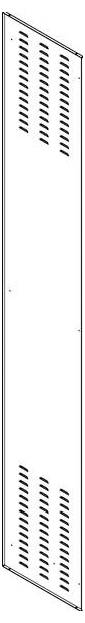 Ein vertikales rechteckiges Panel mit Lüftungsöffnungen, die in zwei Abschnitten in Mustern angeordnet sind, offensichtlich für Luftzirkulation oder Belüftung konzipiert.