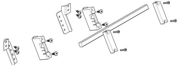 Explosionszeichnung einer Türscharnier-Baugruppe, die Metallkomponenten, Schrauben und Ausrichtung für die Installation zeigt.