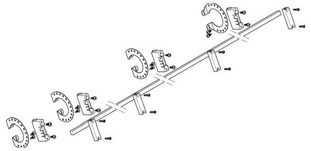 Diagramm mit Montageanleitungen zum Befestigen von Halterungen an einer Stange mithilfe von Schrauben, das die schrittweise Ausrichtung und Befestigung zeigt.