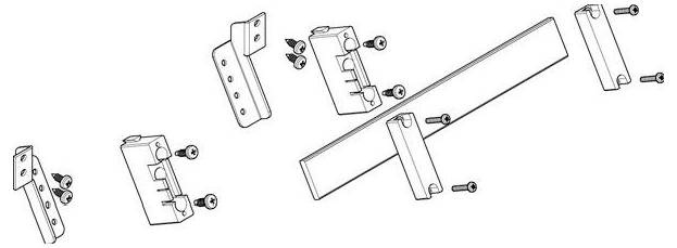 Technische Darstellung einer Explosionszeichnung zur Möbelmontage mit detaillierten Einzelteilen, Schrauben und Verbindungselementen zum Zusammenfügen von Platten und Halterungen.