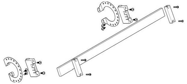 Eine Explosionszeichnung, die den Zusammenbau eines mechanischen Arms mit Halterungen, Schrauben und Stützkomponenten zeigt, die deren Platzierung und Ausrichtung verdeutlicht.