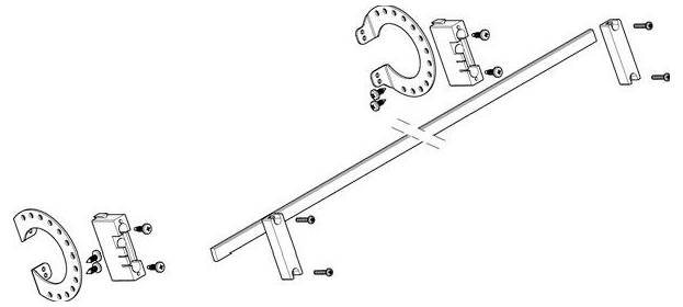 Montagezeichnung einer Verbindung von Halterungen und Klammern mit einer Traverse, verbunden durch Schrauben.