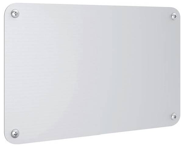 Rechteckiges silbernes Metallblech mit abgerundeten Ecken, an vier Schrauben befestigt, vor einem weißen Hintergrund.