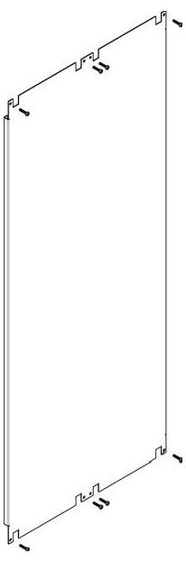 Diagramm eines rechteckigen Panels mit jeweils sechs Schrauben an jeder Ecke und an den Seiten. Das Panel verfügt über Rillen und Aussparungen zur Montage.