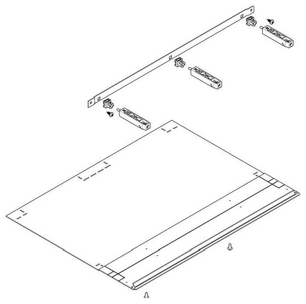 Darstellung der Komponenten zum Zusammenbau eines Schubladenboden-Panels mit Schienen, Verbindern und Schrauben, die Positionierung und Ausrichtung zeigend.
