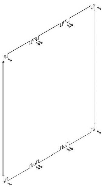 Technische Zeichnung eines rechteckigen Panels mit Aussparungen und Vorsprüngen an den Kanten, die Montage- oder Befestigungspunkte andeuten.