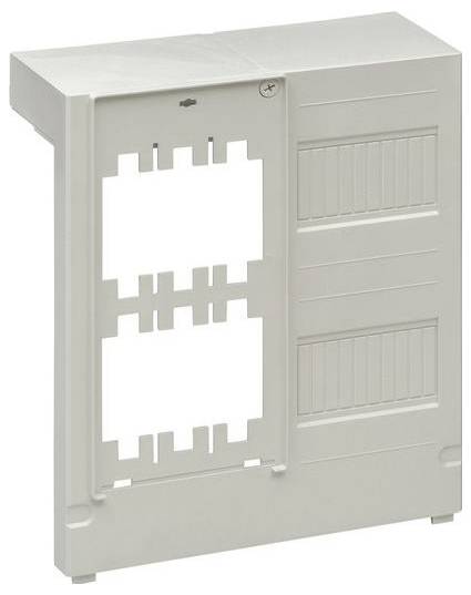 Elektrische Verteilerschrank, weiß, mit mehreren Schlitzen für Schalter oder Sicherungsautomaten, mit einer Abdeckplatte auf der rechten Seite.